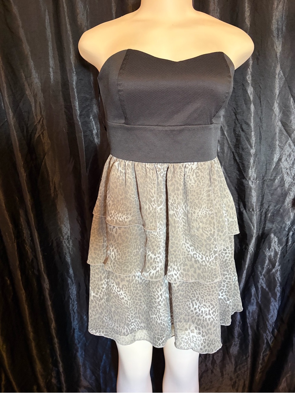 Strapless Black Bodice with Taupe Leopard Tiered Skirt Dress